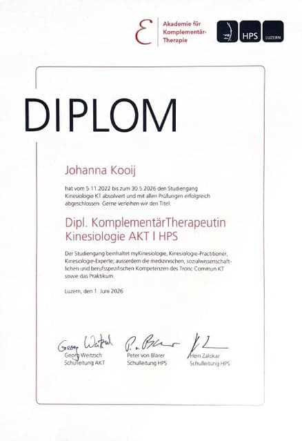 Diplom Johanna Kooij, Diplomierte Komplementärtherapeutin Kinesiologie AKT, 1. Juni 2026
